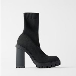 Black Zara Sock Style Heeled Boots w/ Lug Sole